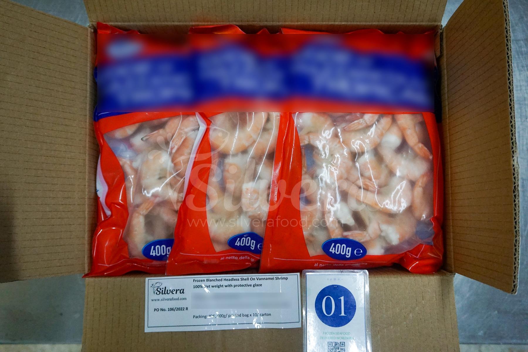 Bags of frozen blanched headless vannamei shrimps