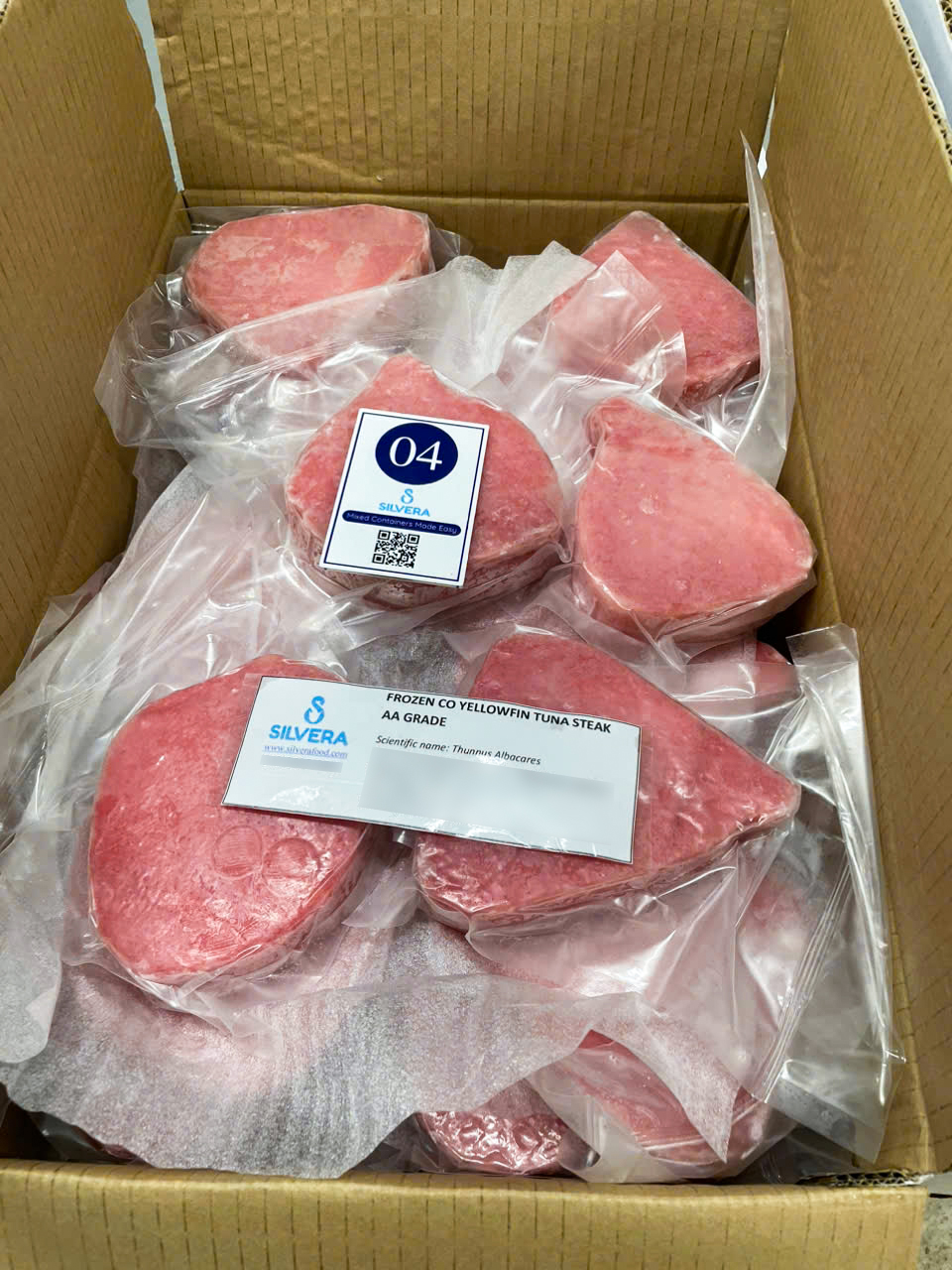 Frozen yellowfin tuna steaks